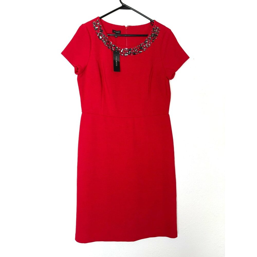NWT Talbots Red Short Sleeve Jeweled Neckline Dress Size 10